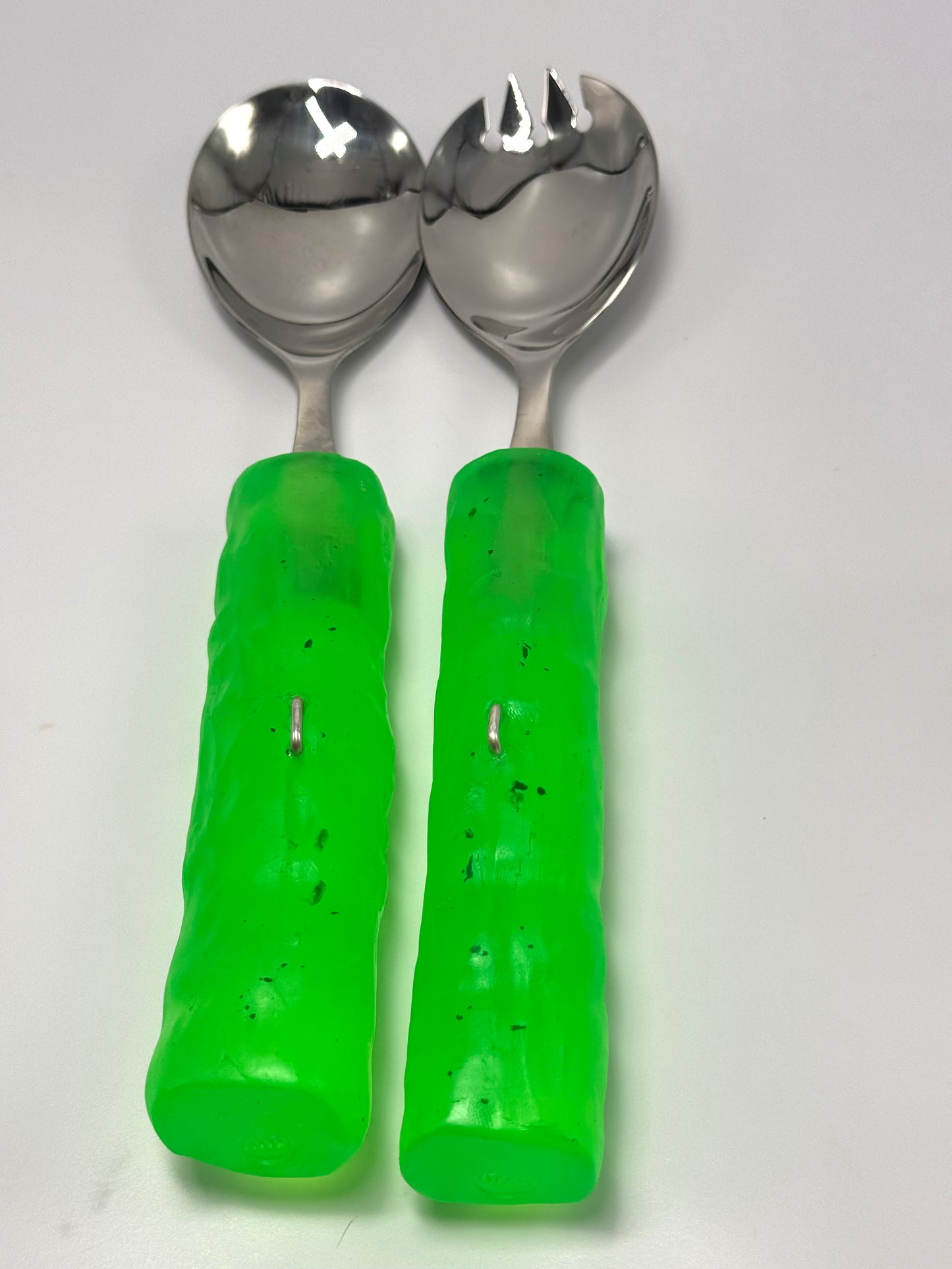 Salad Servers - Neon Greebn translucent resin & silver twist handle with Stainless steel spoon