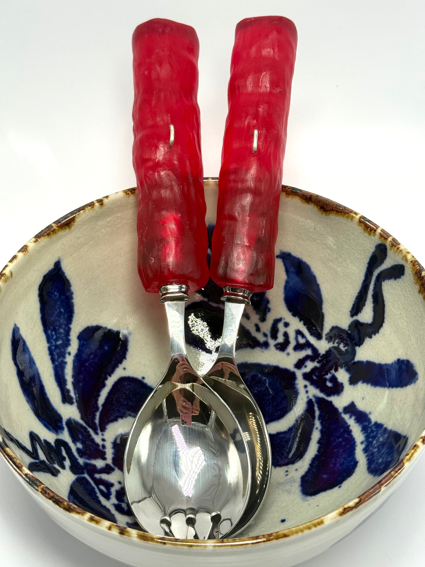 Salad Servers - Strawberry red translucent resin & silver twist handle with Stainless steel spoon