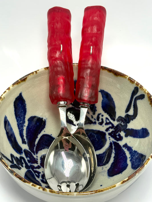 Salad Servers - Strawberry red translucent resin & silver twist handle with Stainless steel spoon