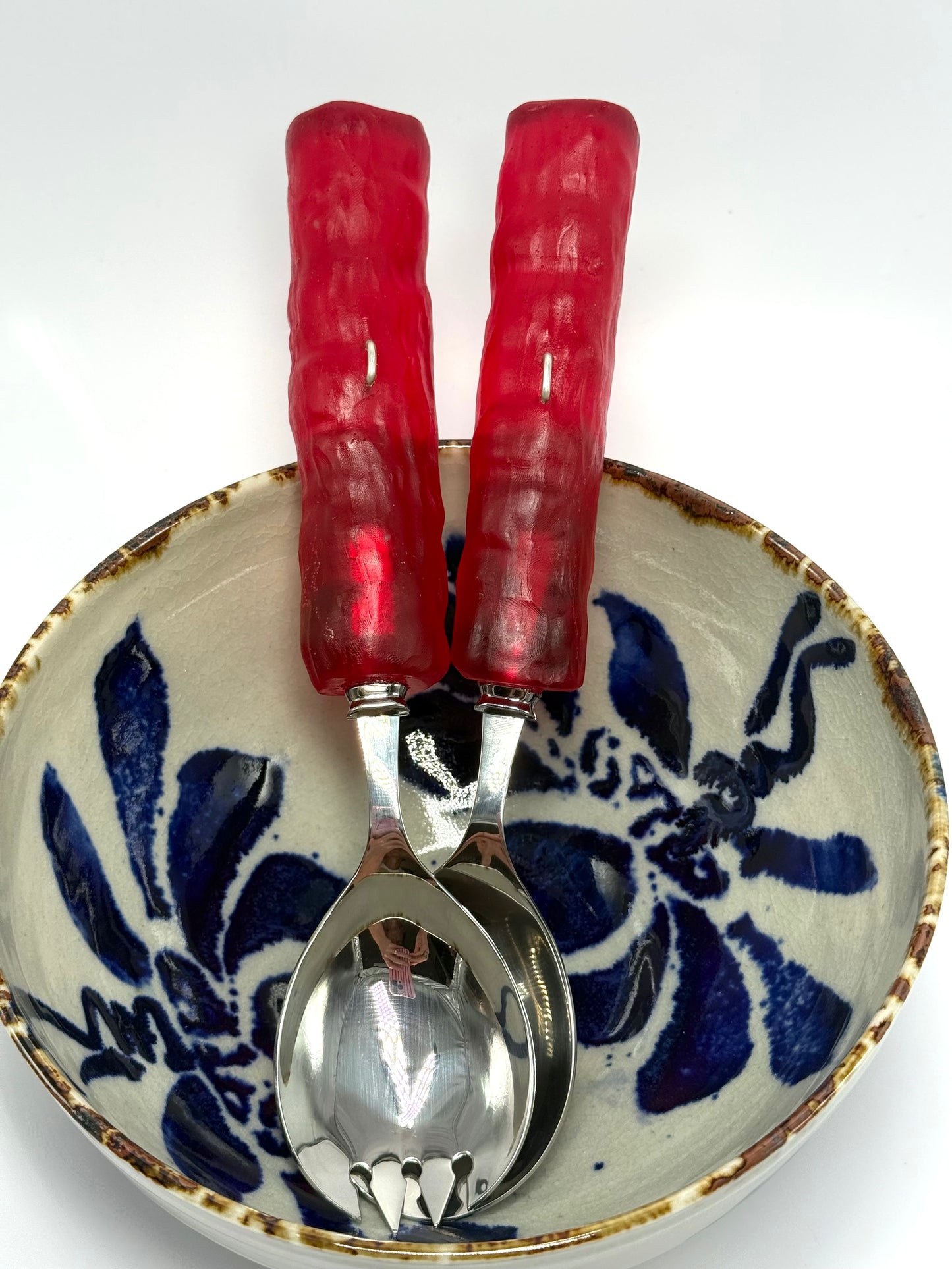 Salad Servers - Strawberry red translucent resin & silver twist handle with Stainless steel spoon