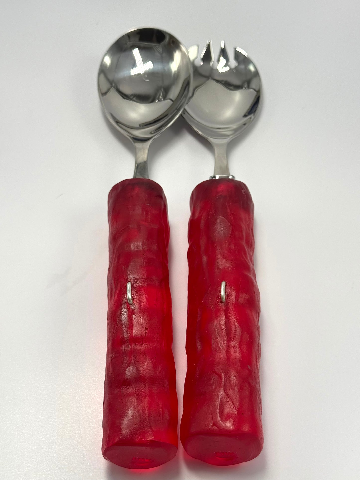 Salad Servers - Strawberry red translucent resin & silver twist handle with Stainless steel spoon