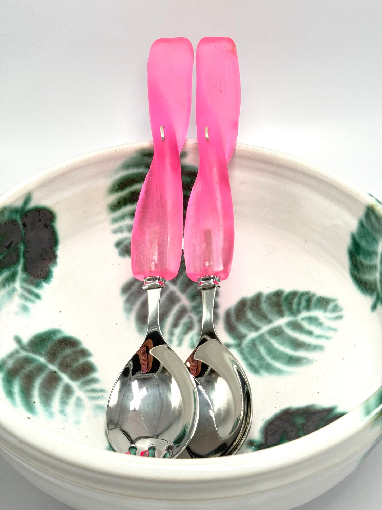 Salad Servers - Neon Pink translucent resin & silver twist handle with Stainless steel spoon