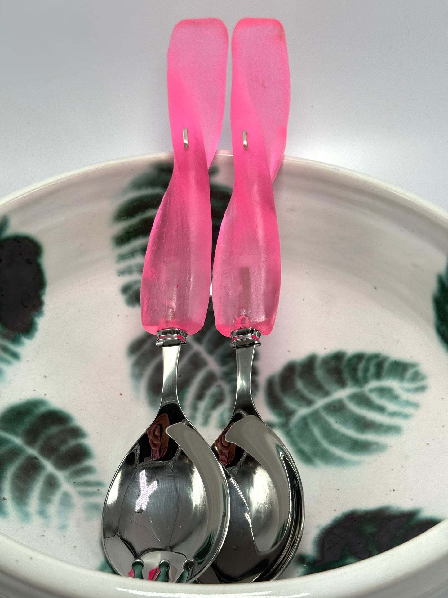 Salad Servers - Neon Pink translucent resin & silver twist handle with Stainless steel spoon