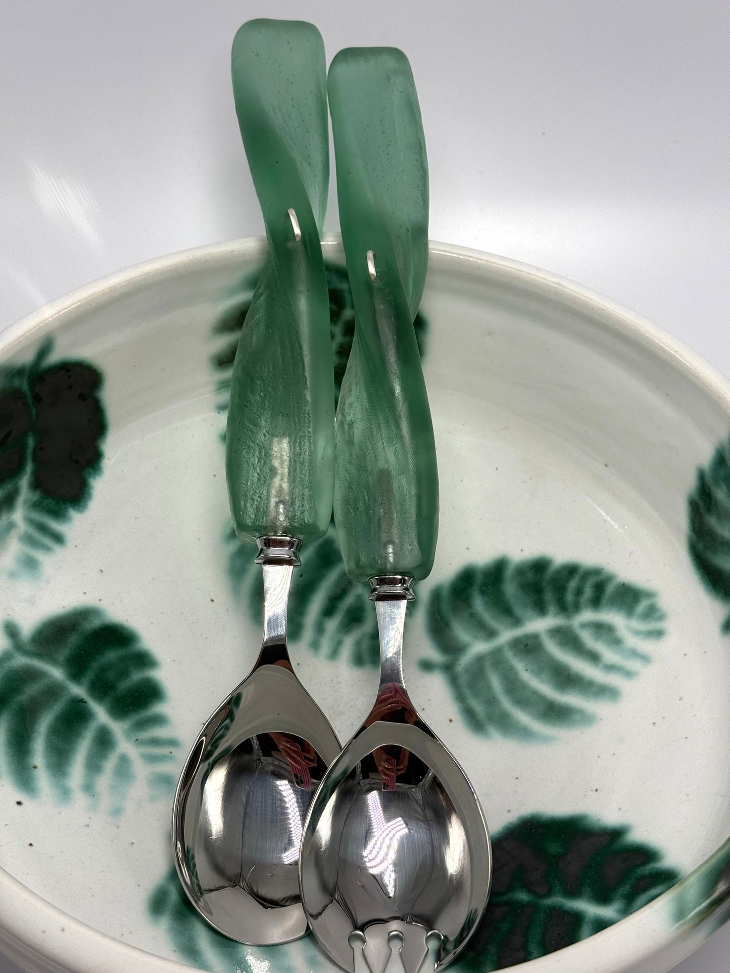 Salad Servers - Kale Green translucent resin & silver twist handle with Stainless steel spoon