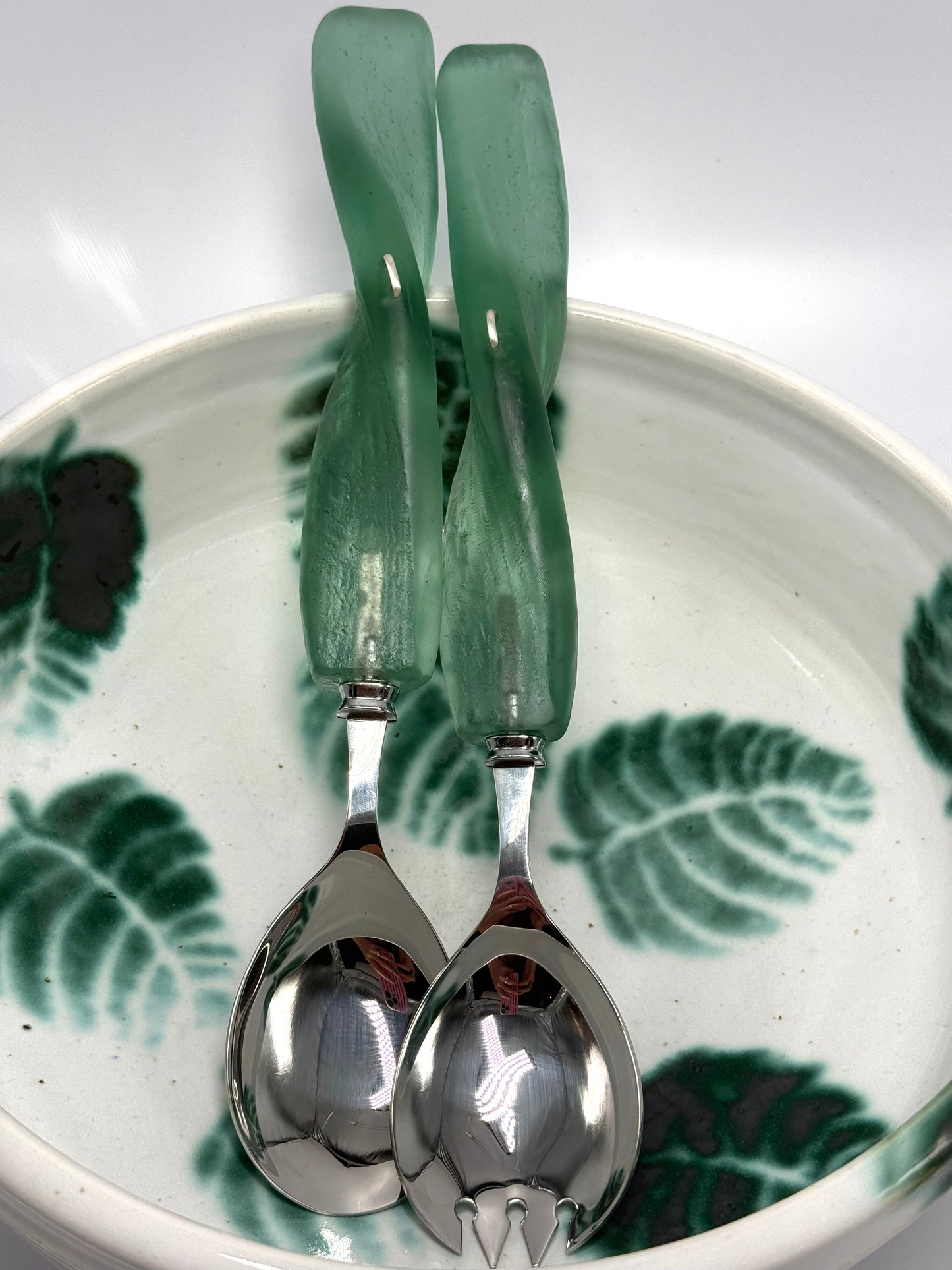 Salad Servers - Kale Green translucent resin & silver twist handle with Stainless steel spoon