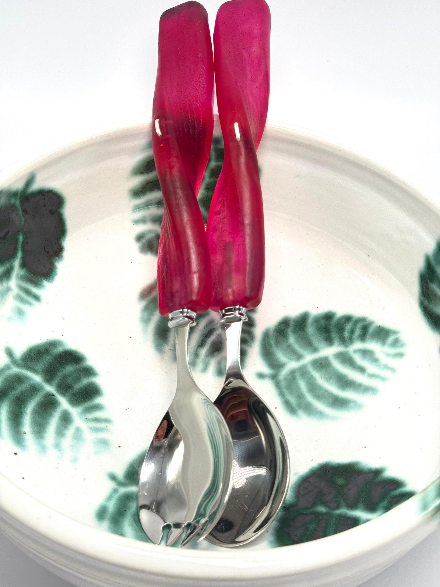 Salad Servers - Strawberry red resin & silver twist handle with Stainless steel spoon