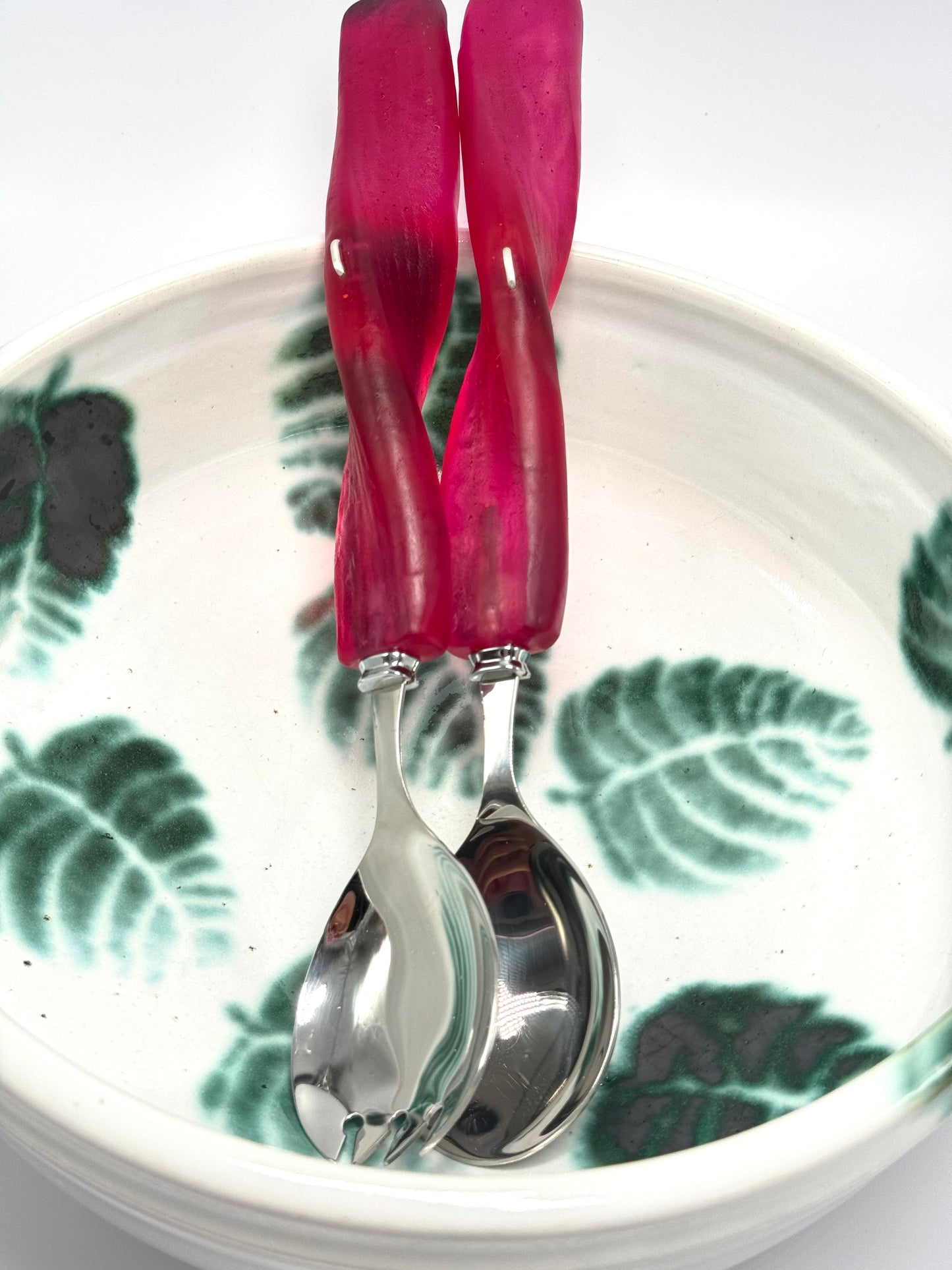 Salad Servers - Strawberry red resin & silver twist handle with Stainless steel spoon