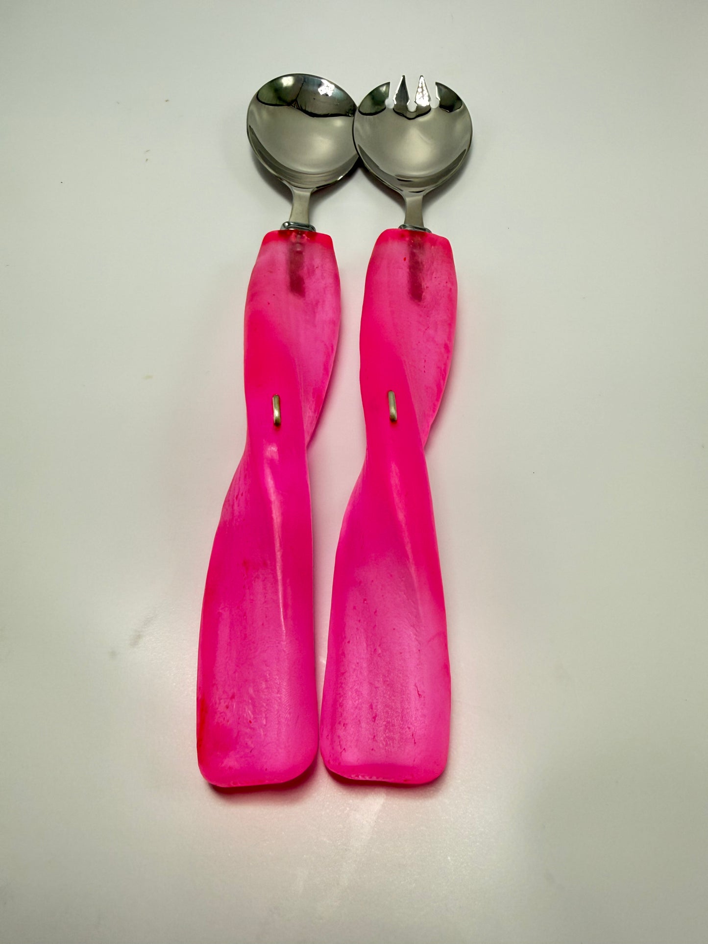 Salad Servers - Neon Pink translucent resin & silver twist handle with Stainless steel spoon