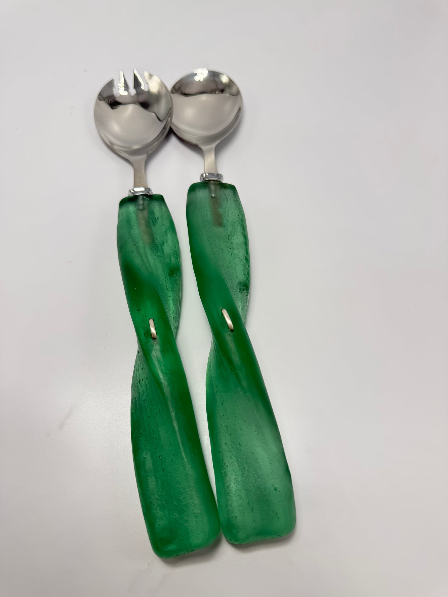 Salad Servers - Kale Green translucent resin & silver twist handle with Stainless steel spoon
