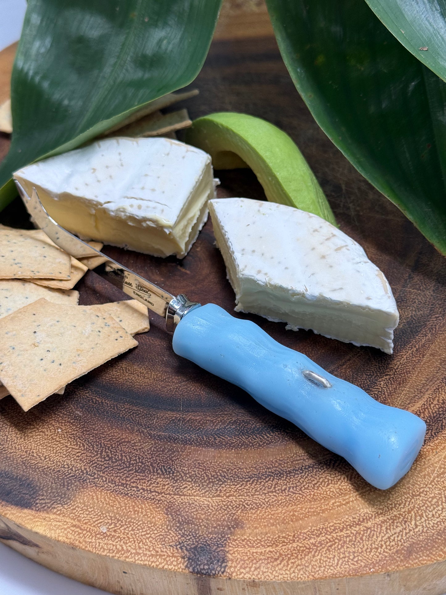 Cheese knife - Pale Blue resin - irregular shaped handle with silver staple insert