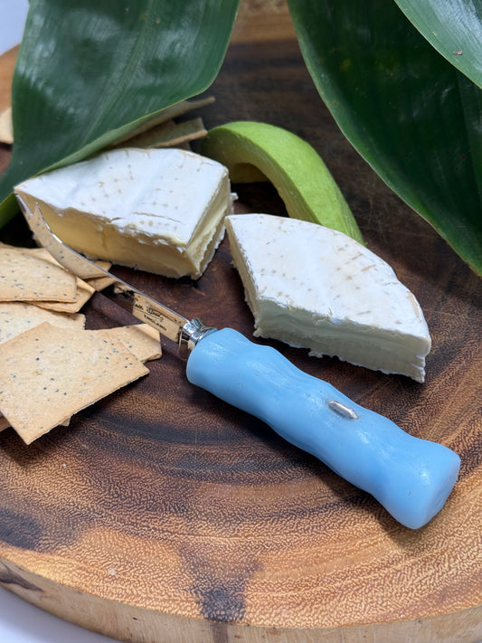 Cheese knife - Pale Blue resin - irregular shaped handle with silver staple insert