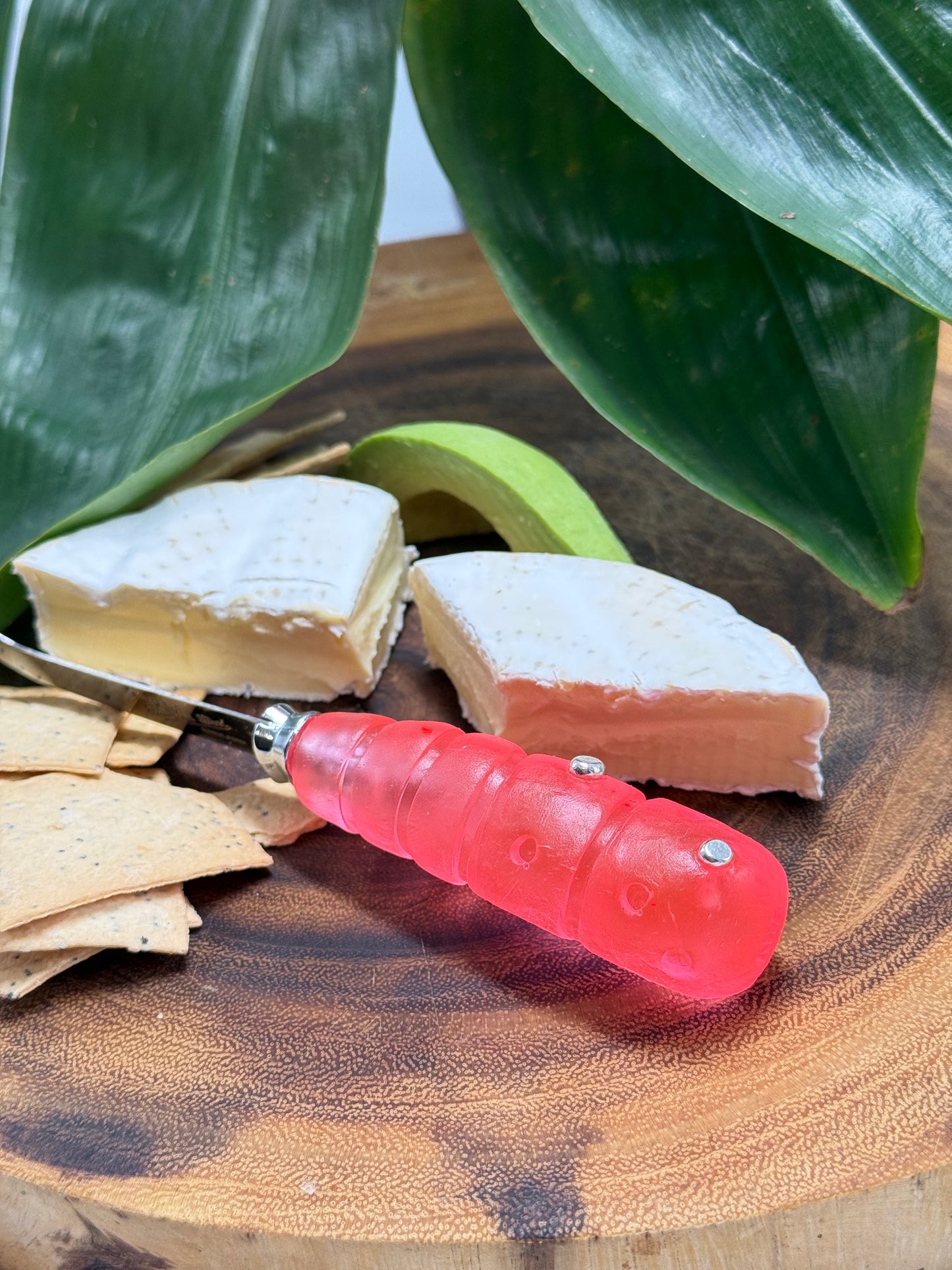 Cheese knife - Neon Red resin - stripe & spot handle with silver