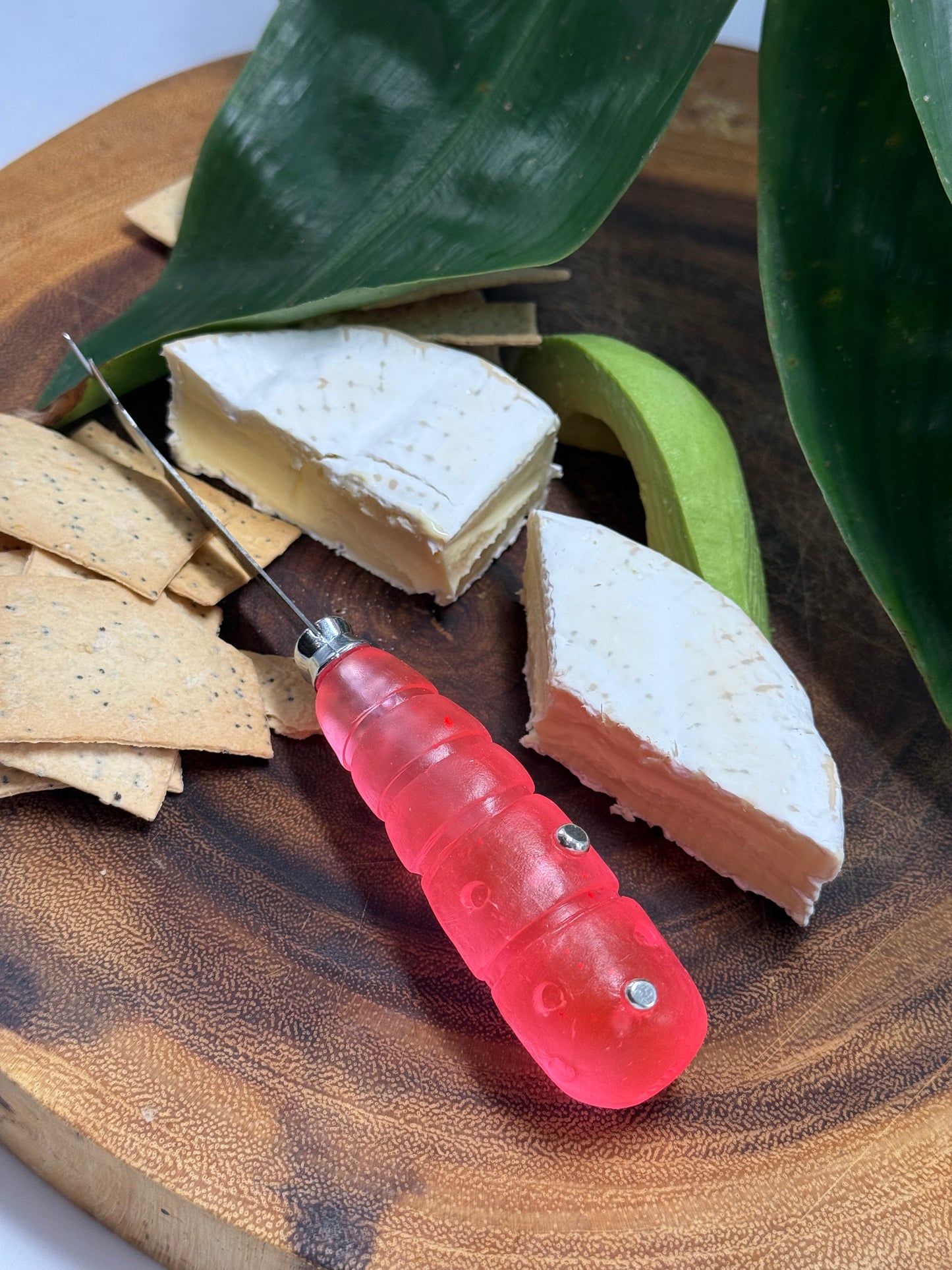 Cheese knife - Neon Red resin - stripe & spot handle with silver
