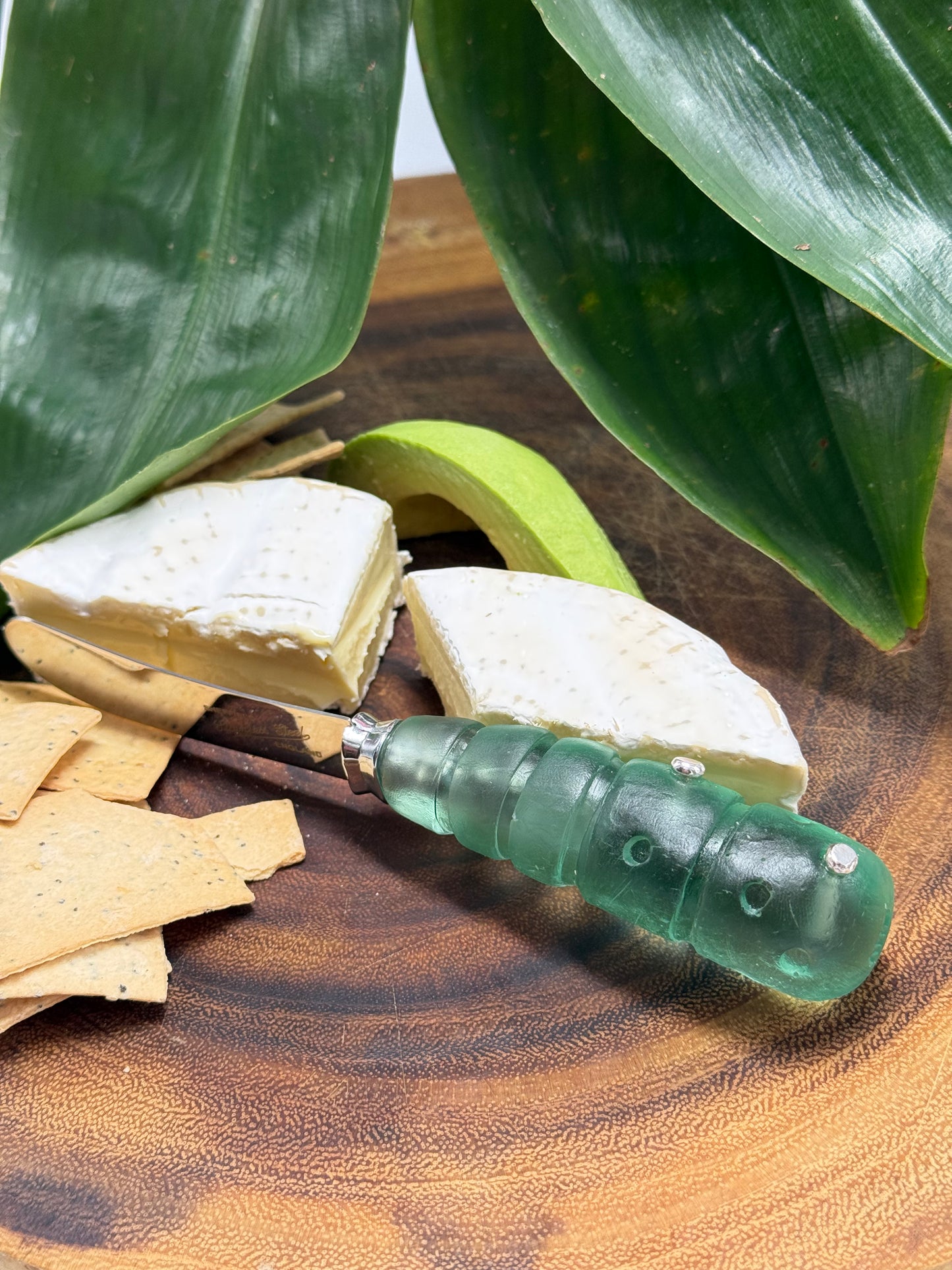 Cheese knife - Translucent Kale Green resin - stripe & spot handle with silver