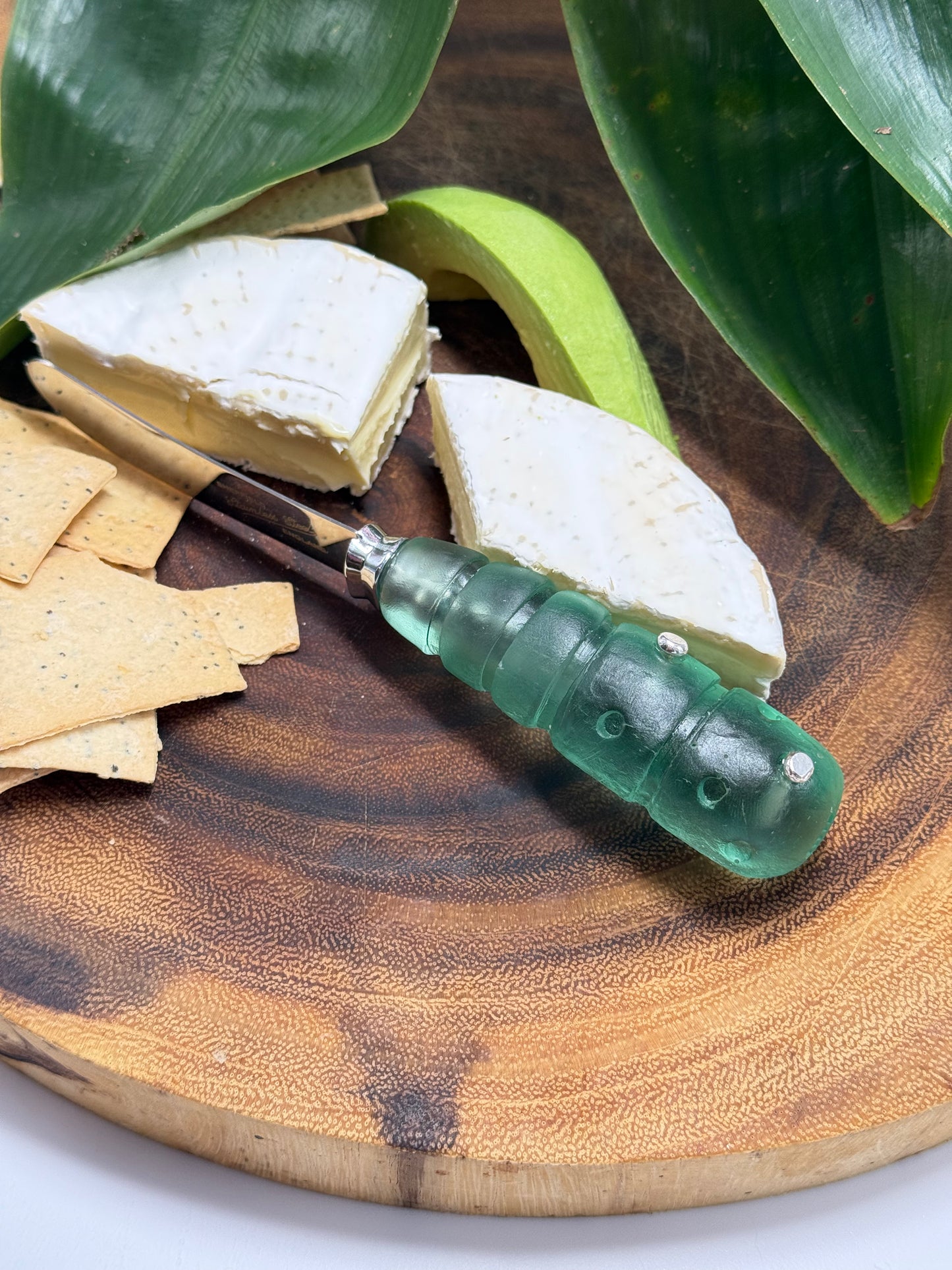 Cheese knife - Translucent Kale Green resin - stripe & spot handle with silver