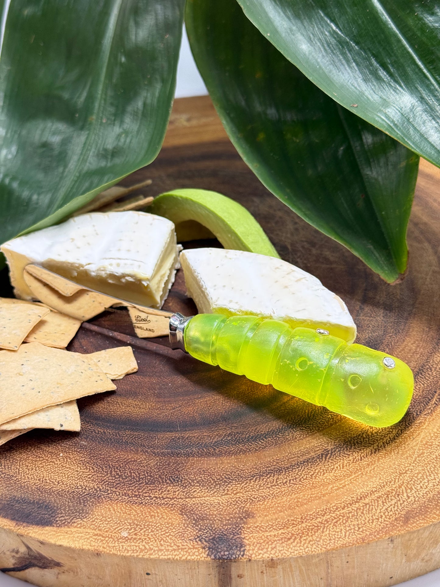 Cheese knife - Neon Yellow resin - stripe & spot handle with silver