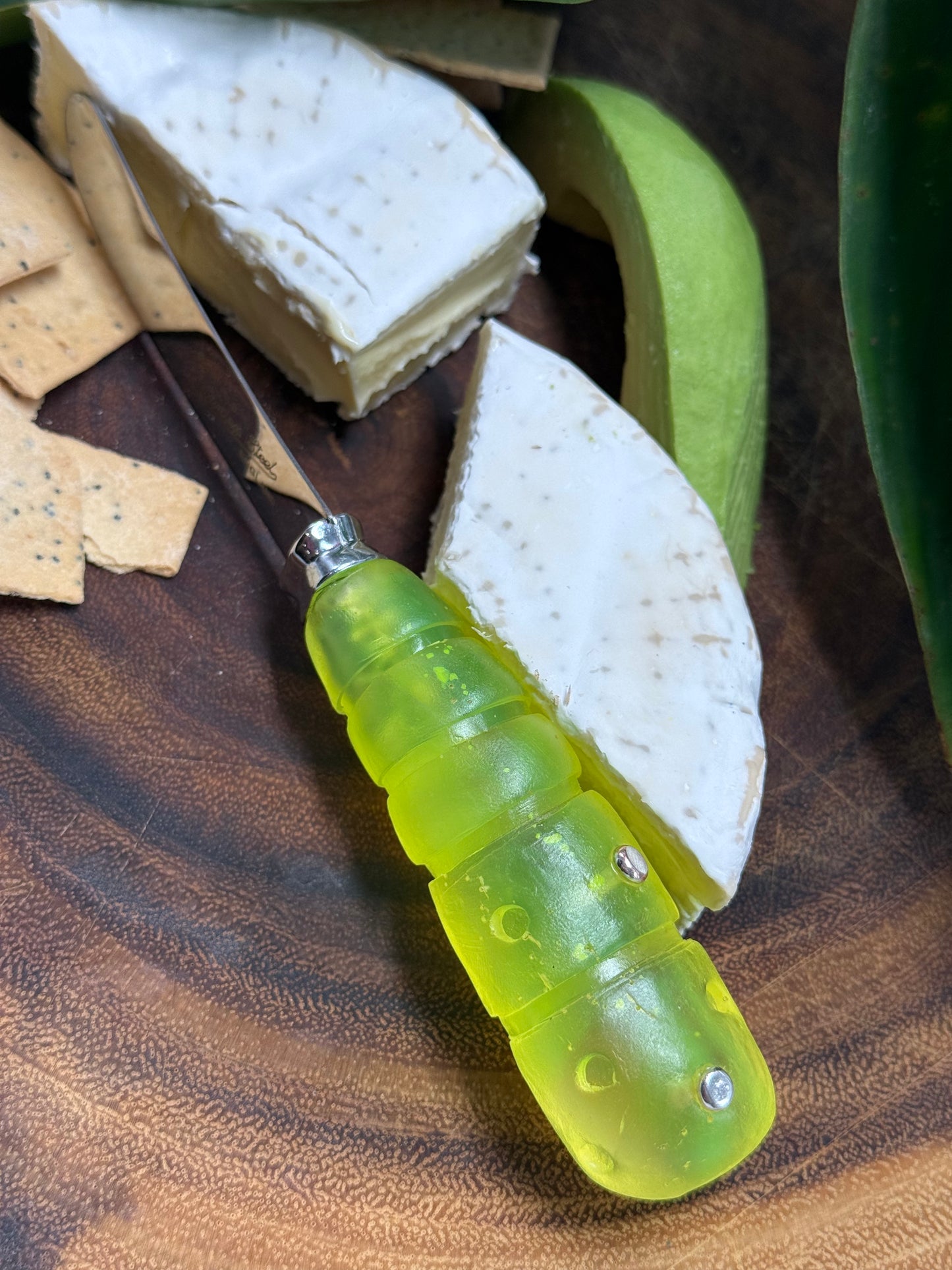 Cheese knife - Neon Yellow resin - stripe & spot handle with silver