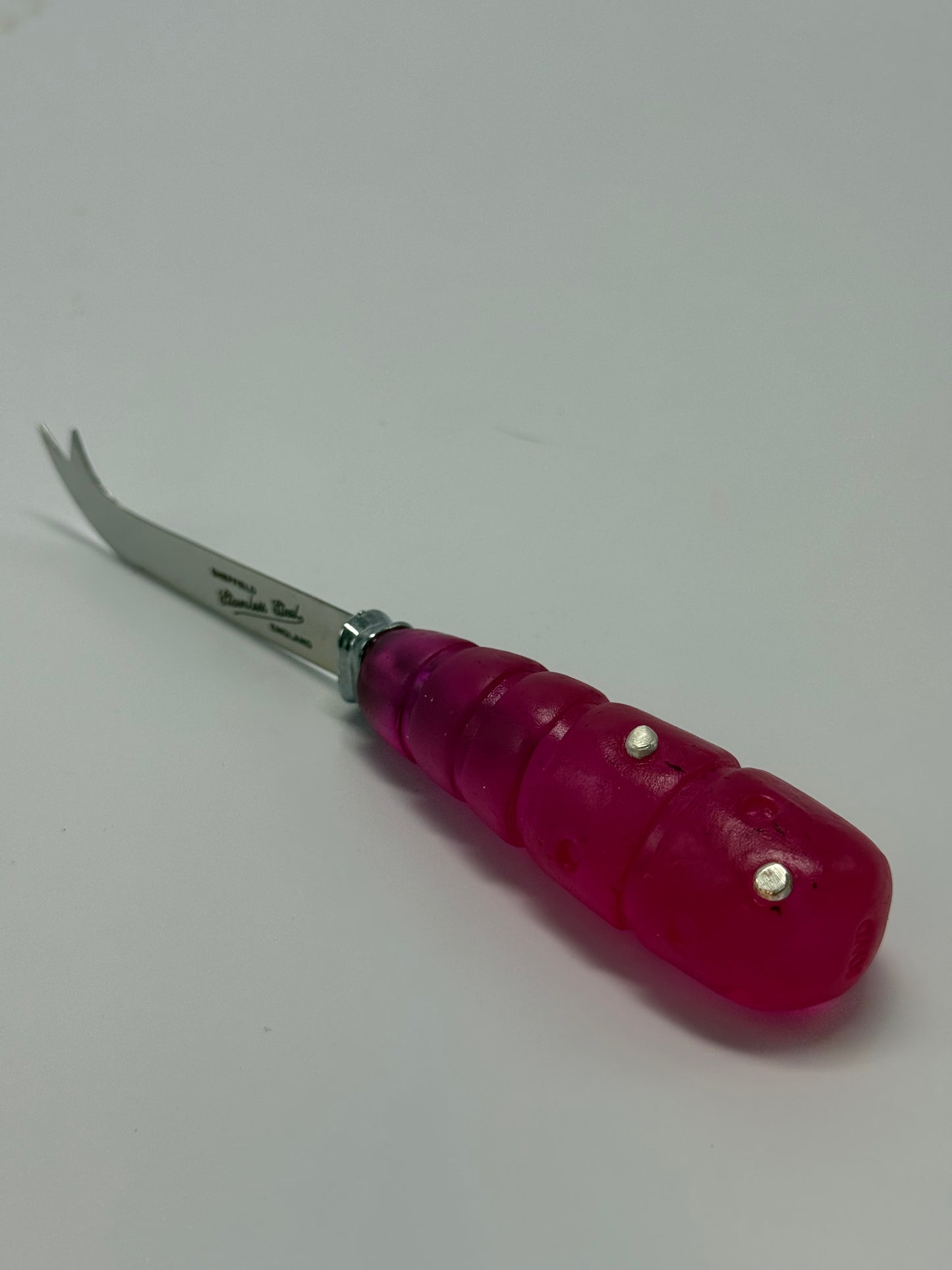 Cheese knife - Translucent Strawberry red resin - stripe & spot handle with silver