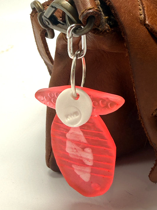 Key Chain - Neon Red/white Fish /KWD stamp resin beads with silver finishes
