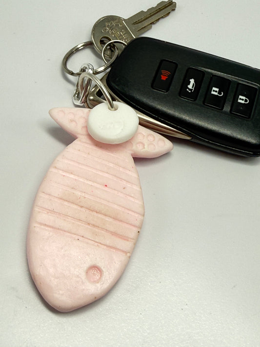 Key Chain - Pale Pink Fish /KWD stamp resin beads with silver finishes