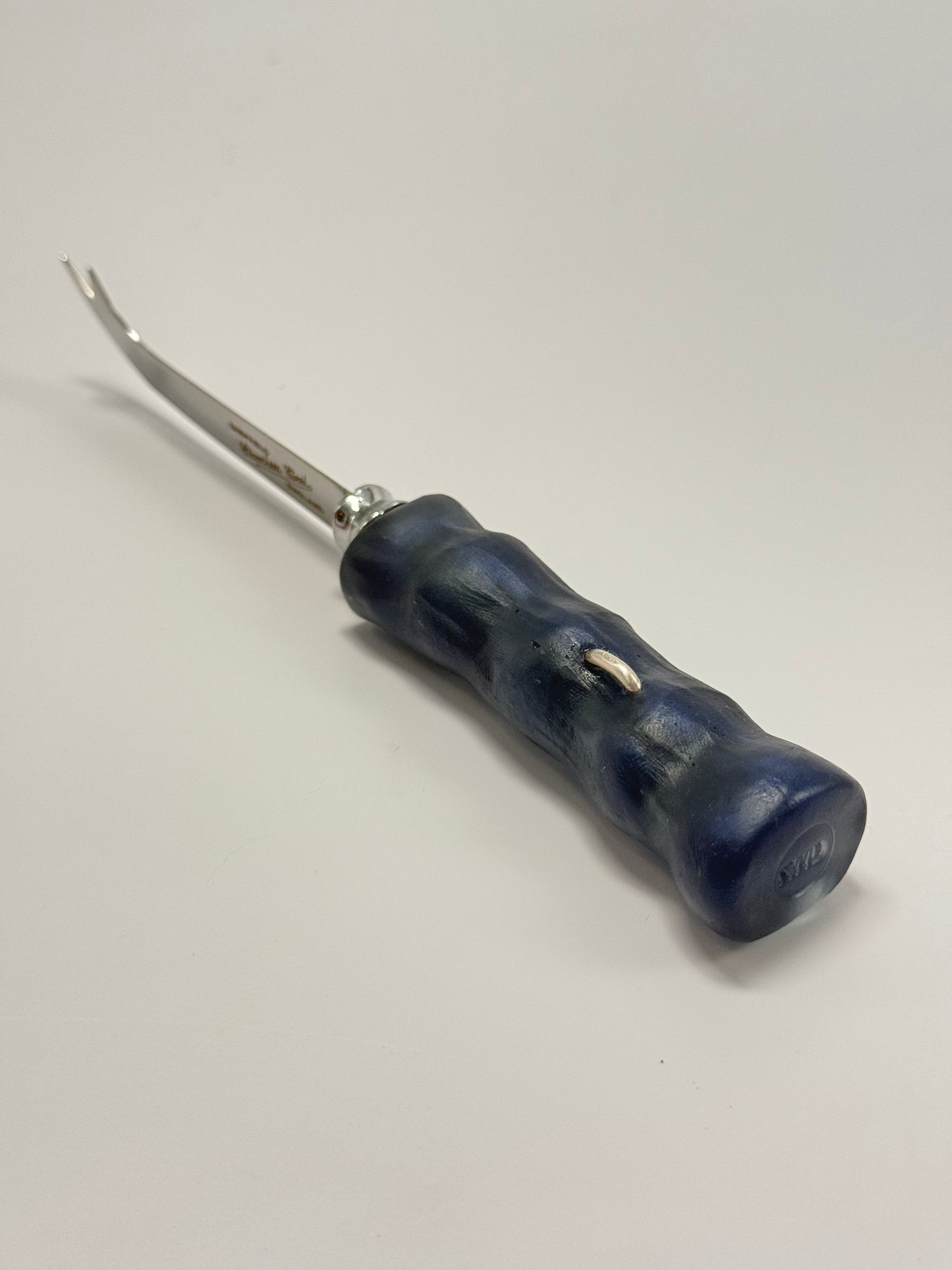 Cheese knife - Navy blue resin - irregular shaped handle with silver staple insert