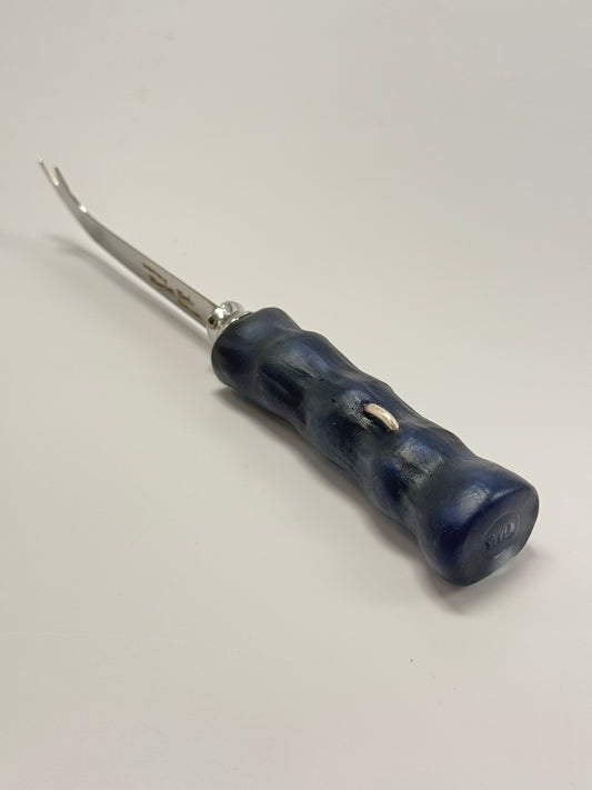 Cheese knife - Navy blue resin - irregular shaped handle with silver staple insert