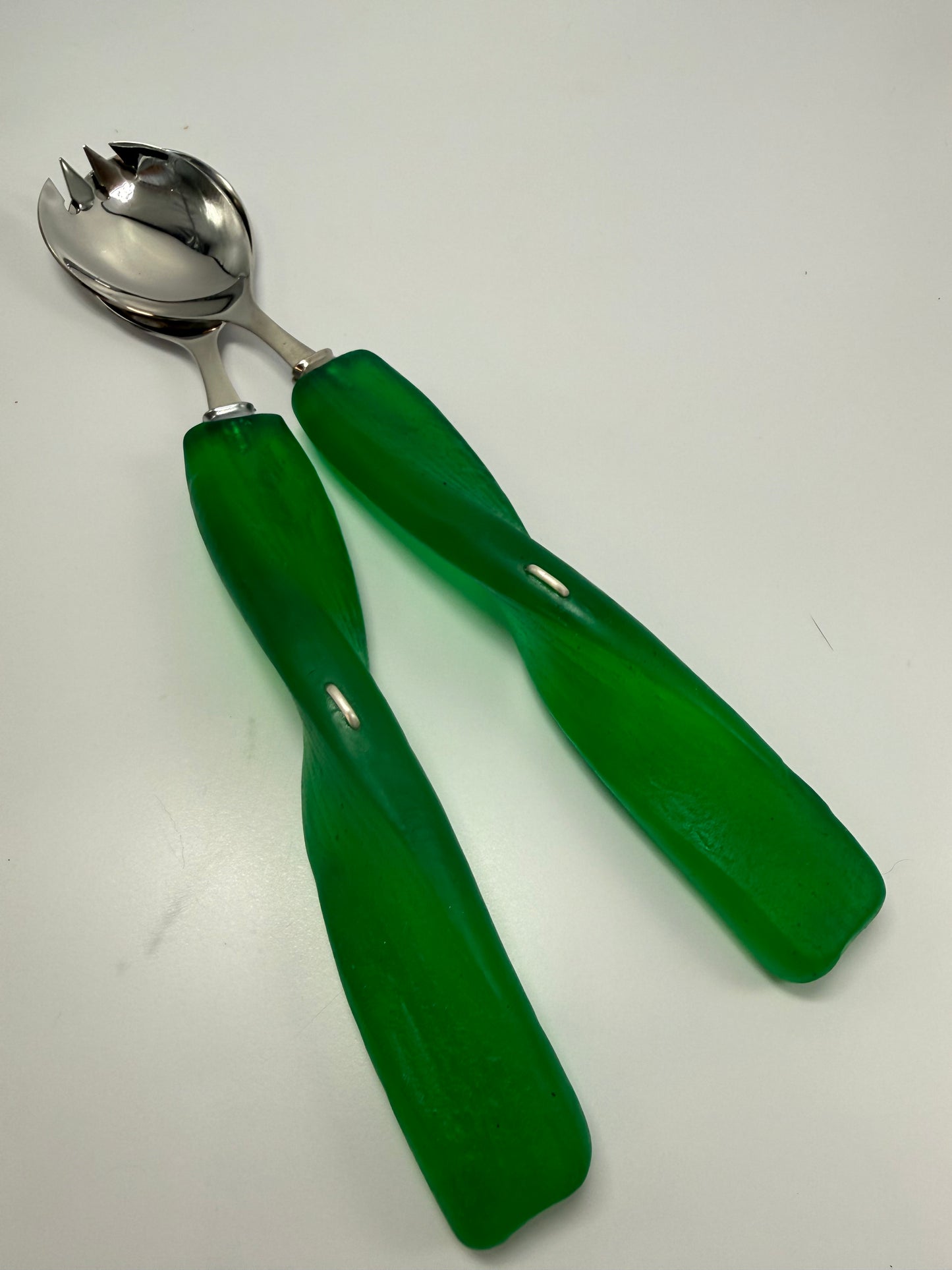 Salad Servers - Translucent Jade Green resin & silver twist handle with Stainless steel spoon