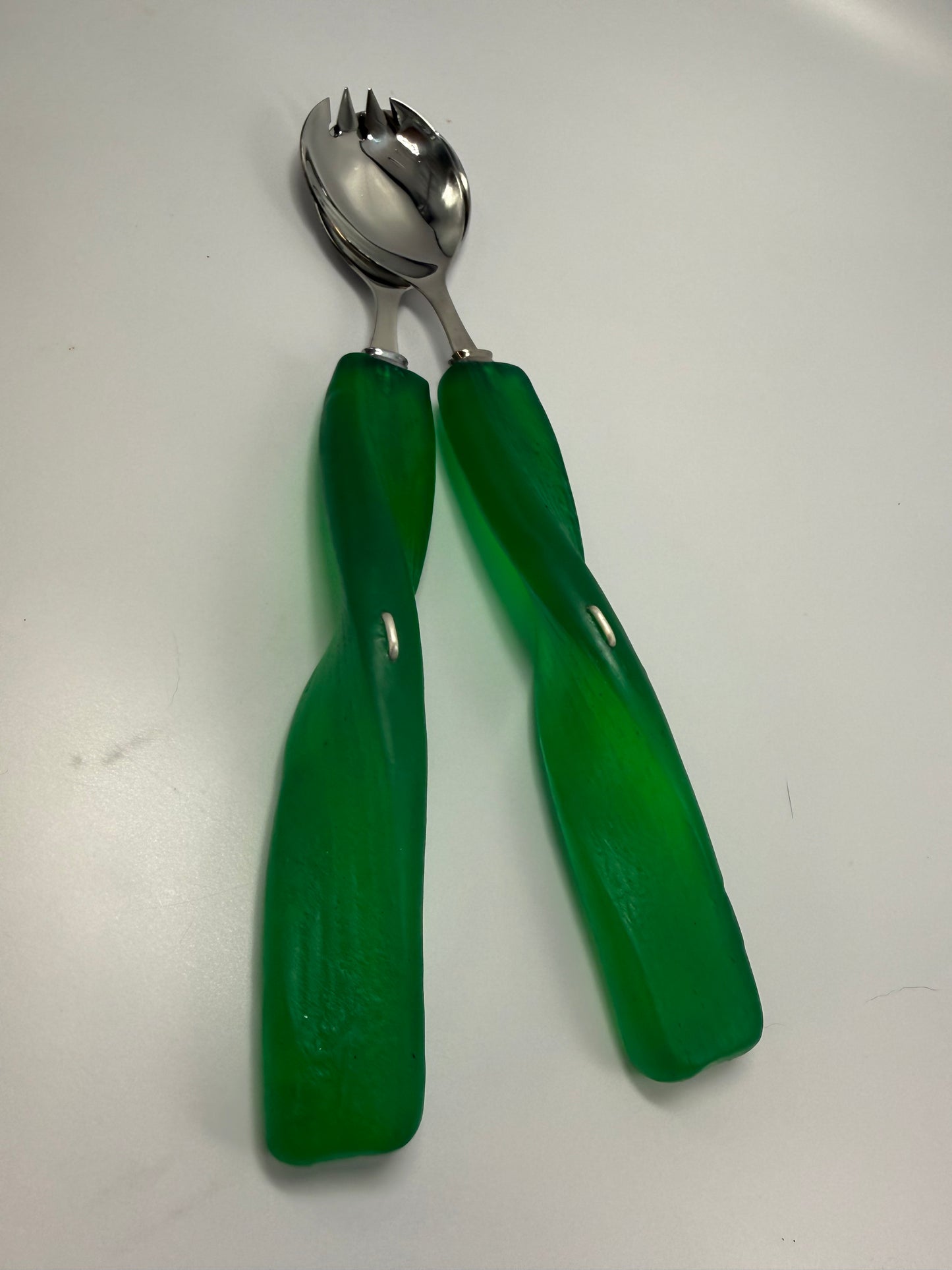 Salad Servers - Translucent Jade Green resin & silver twist handle with Stainless steel spoon