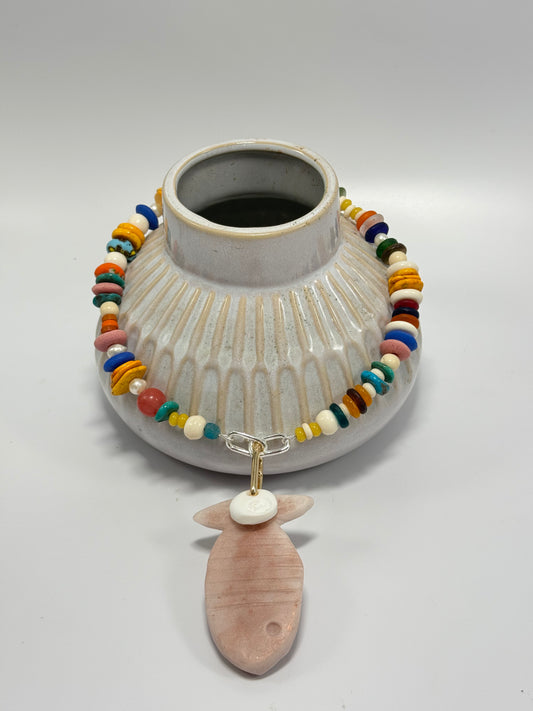 Multi coloured semi precious beads with silver catches with removable fish pendant