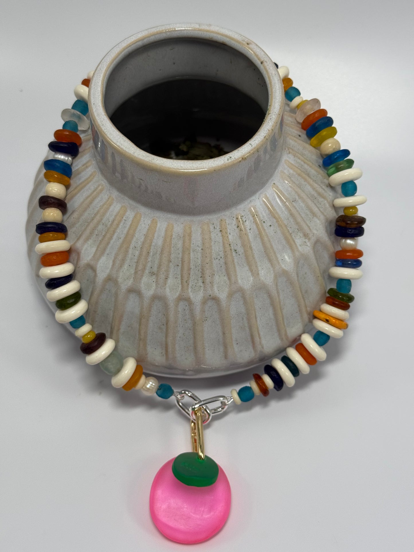 Neon Pink & Jade Green KWD button resin & gold catch pendant