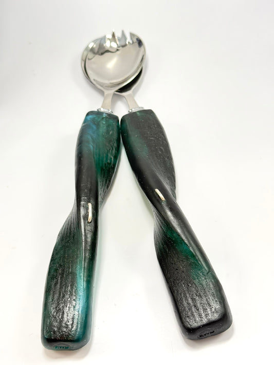 Salad Servers - Translucent Green/black resin & silver twist handle with Stainless steel spoon