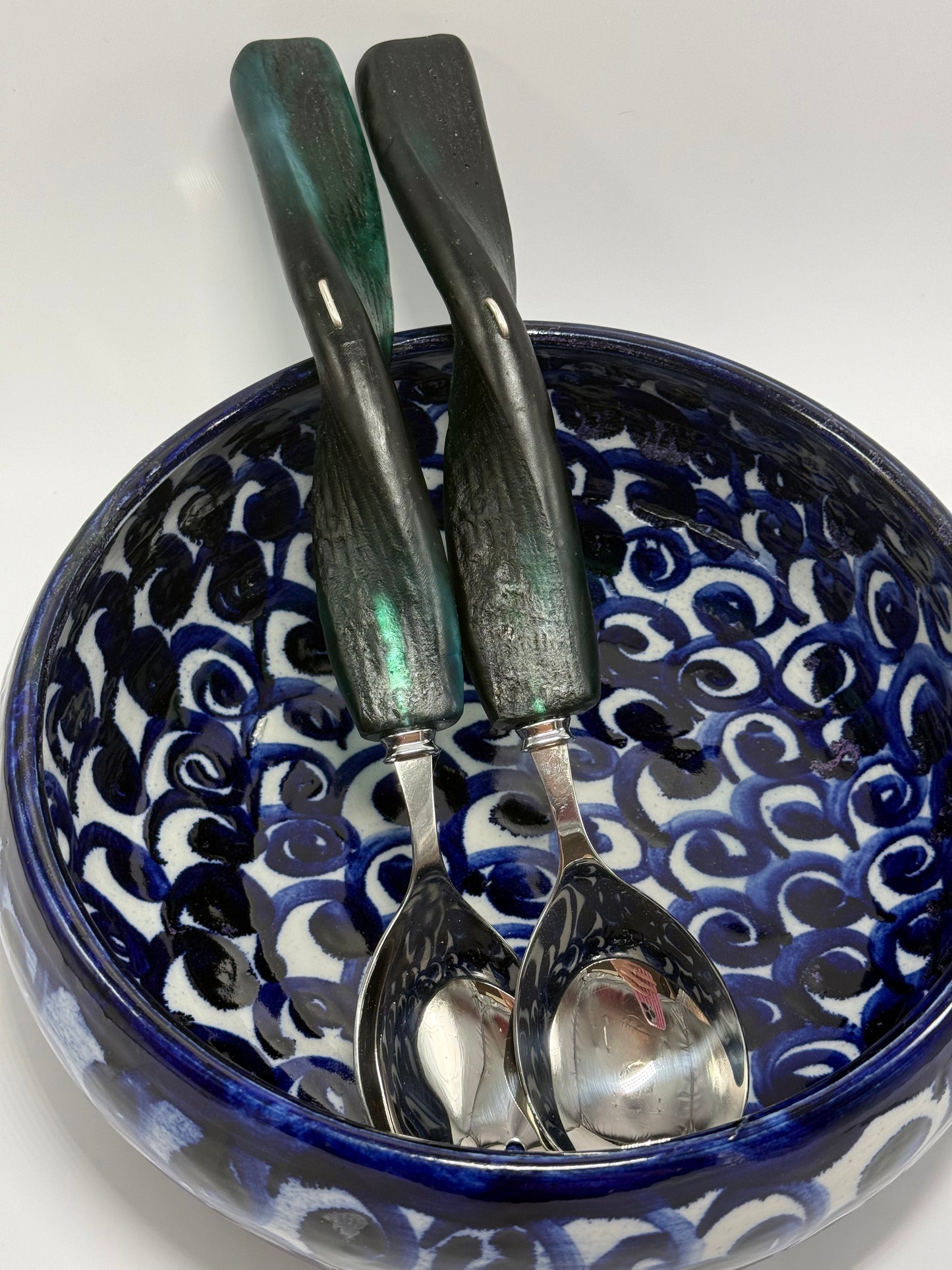 Salad Servers - Translucent Green/black resin & silver twist handle with Stainless steel spoon