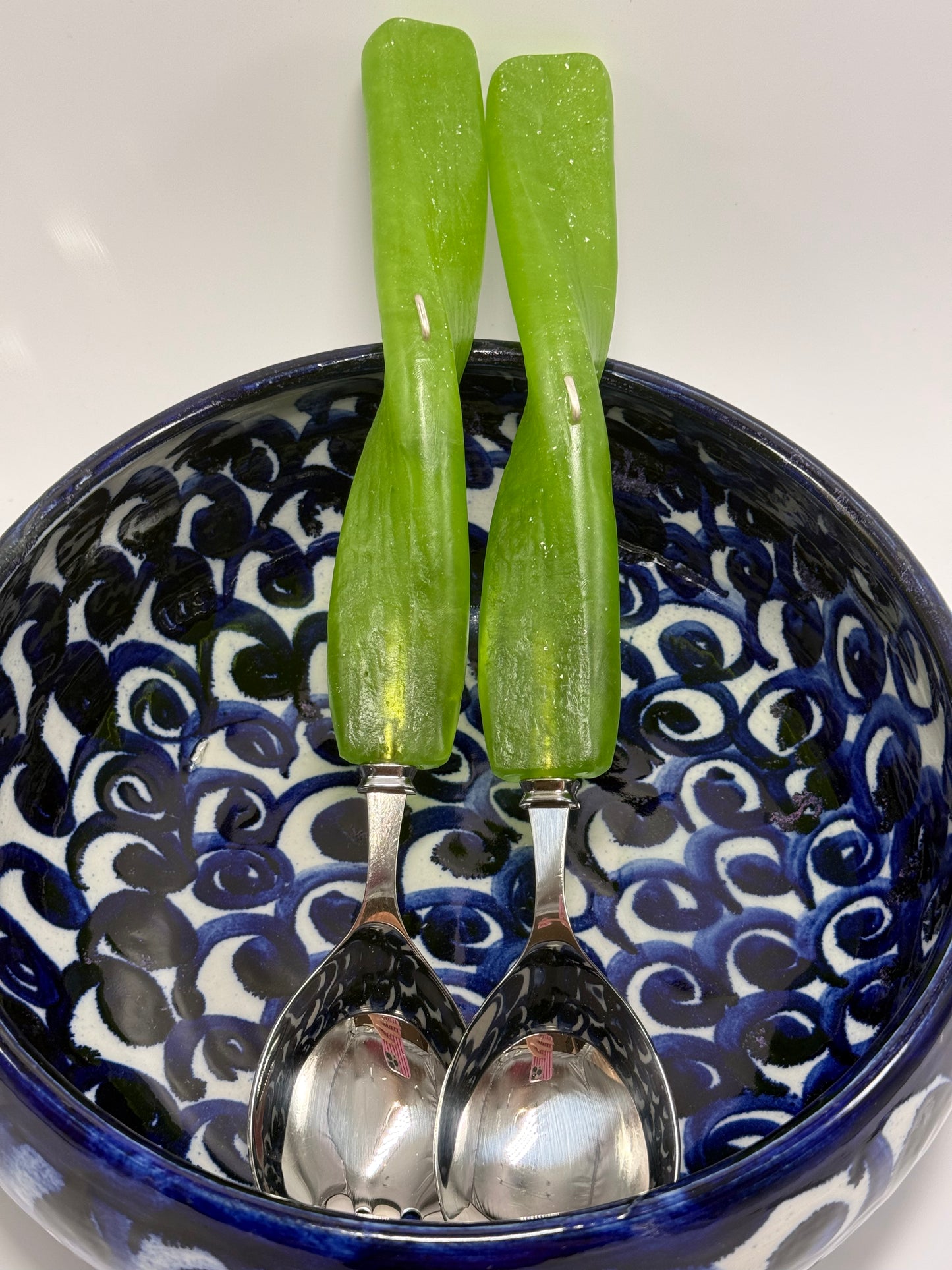 Salad Servers - Dirty Lime Green/white fleck resin & silver twist handle with Stainless steel spoon