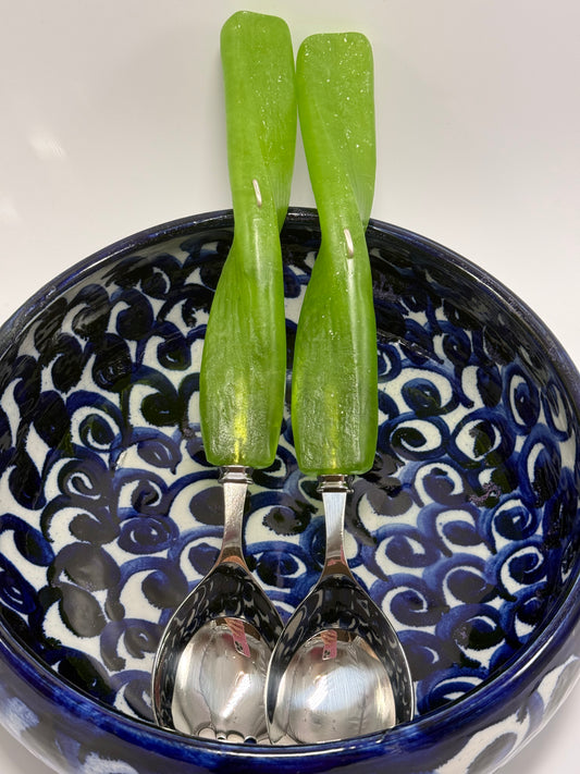 Salad Servers - Dirty Lime Green/white fleck resin & silver twist handle with Stainless steel spoon