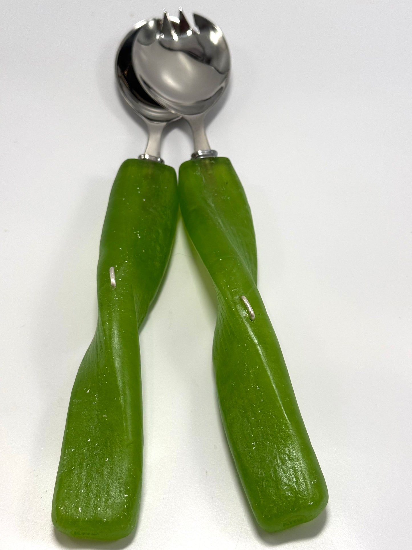 Salad Servers - Dirty Lime Green/white fleck resin & silver twist handle with Stainless steel spoon