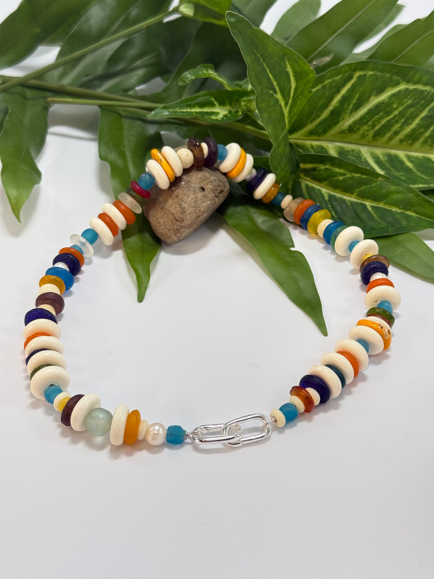 Multi coloured semi precious beads with silver catches with removable pendant