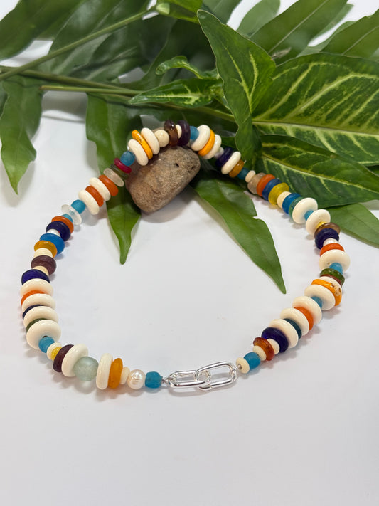Multi coloured semi precious beads with silver catches with removable pendant
