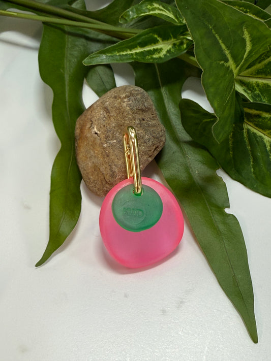 Neon Pink & Jade Green KWD button resin & gold catch pendant