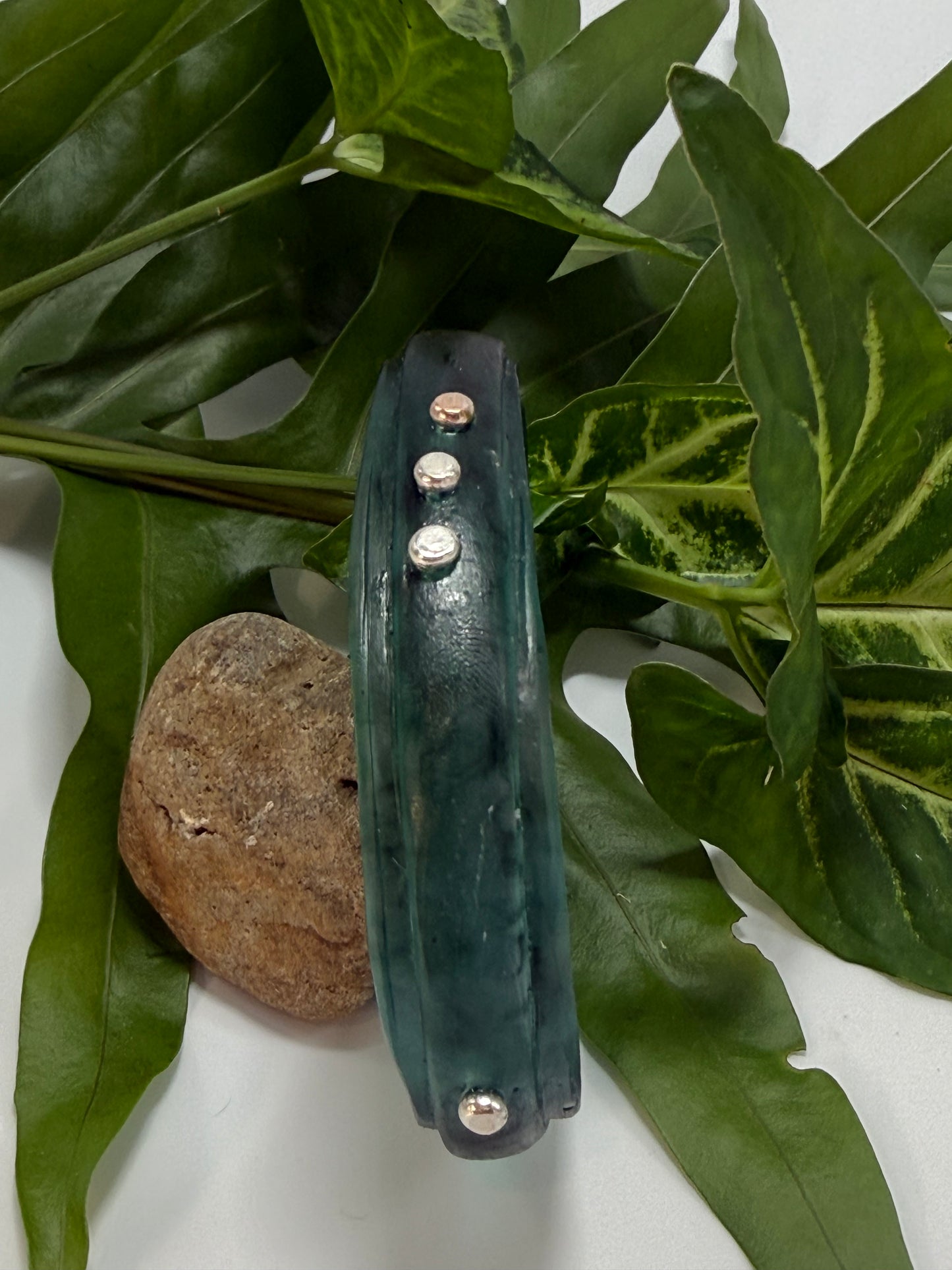 Translucent Green/black coloured resin rim bangle with sterling silver rivets