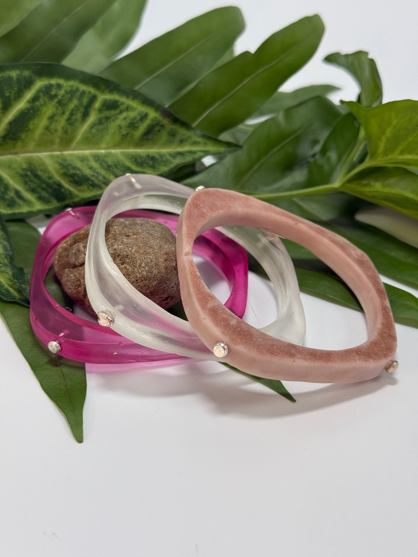 Translucent Strawberry red 'square round' bangle with silver