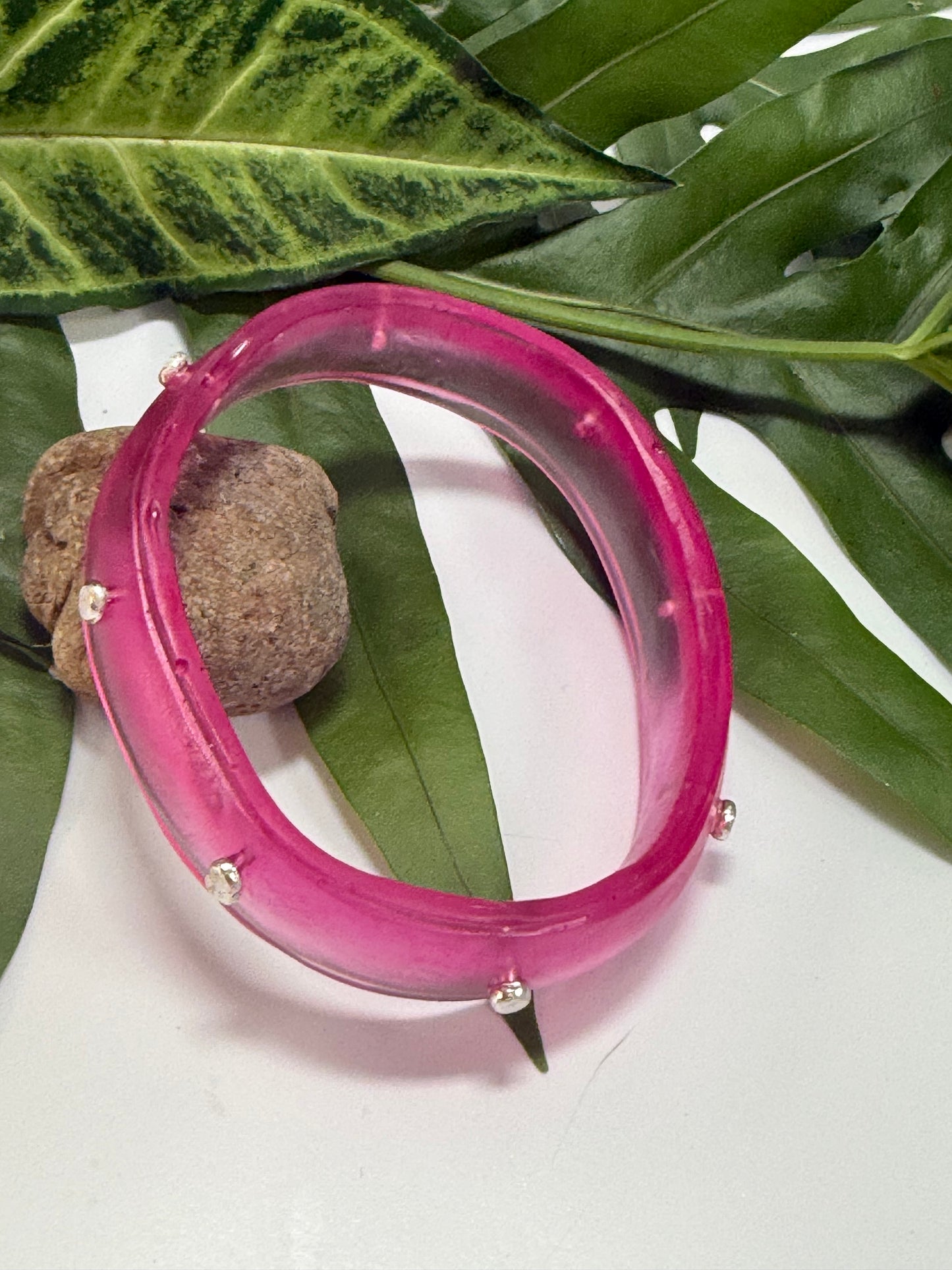 Translucent Strawberry Red Rim resin bangle with Sterling silver XL