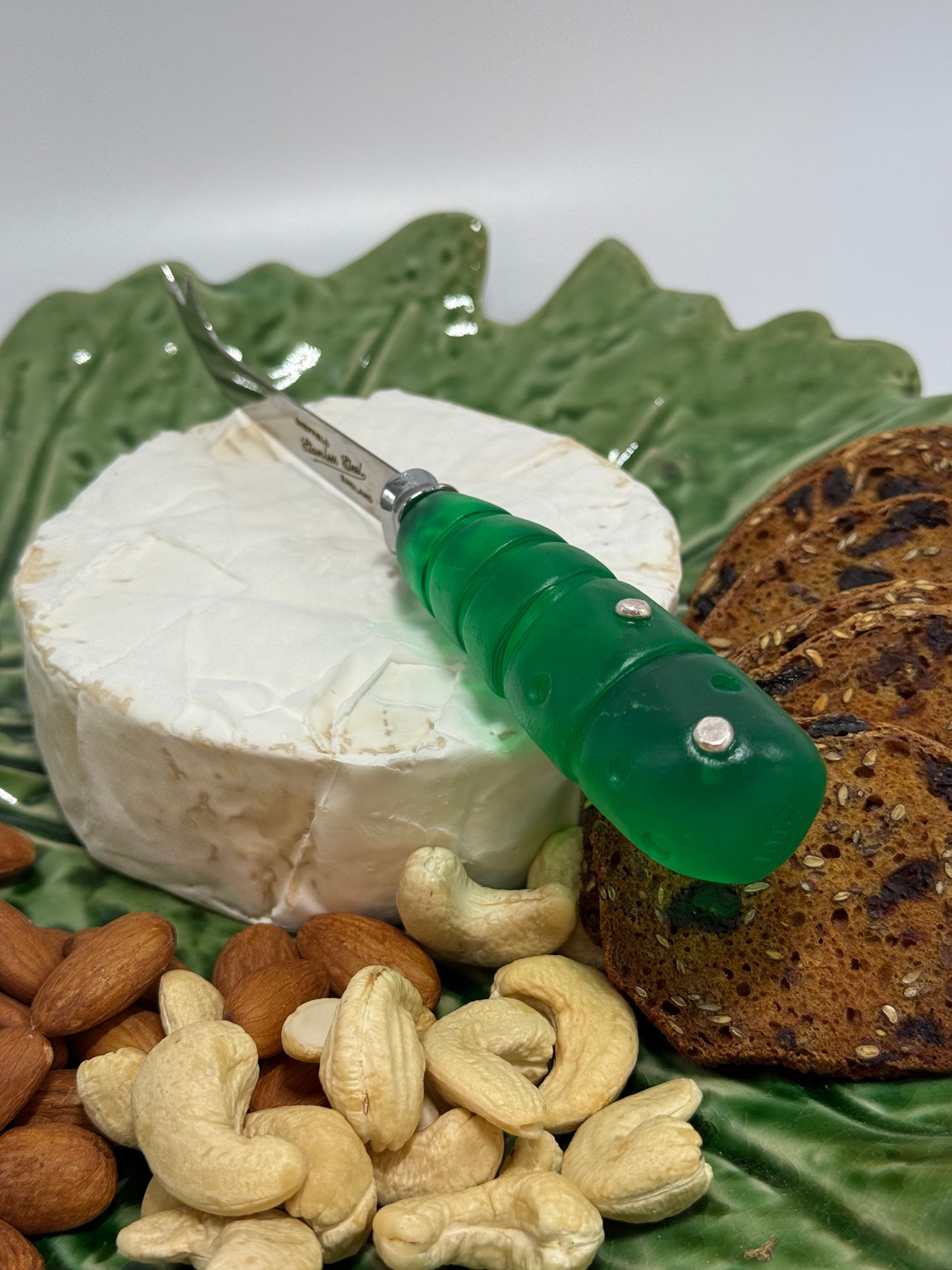 Cheese knife - Translucent Jade Green resin - stripe & spot handle with silver