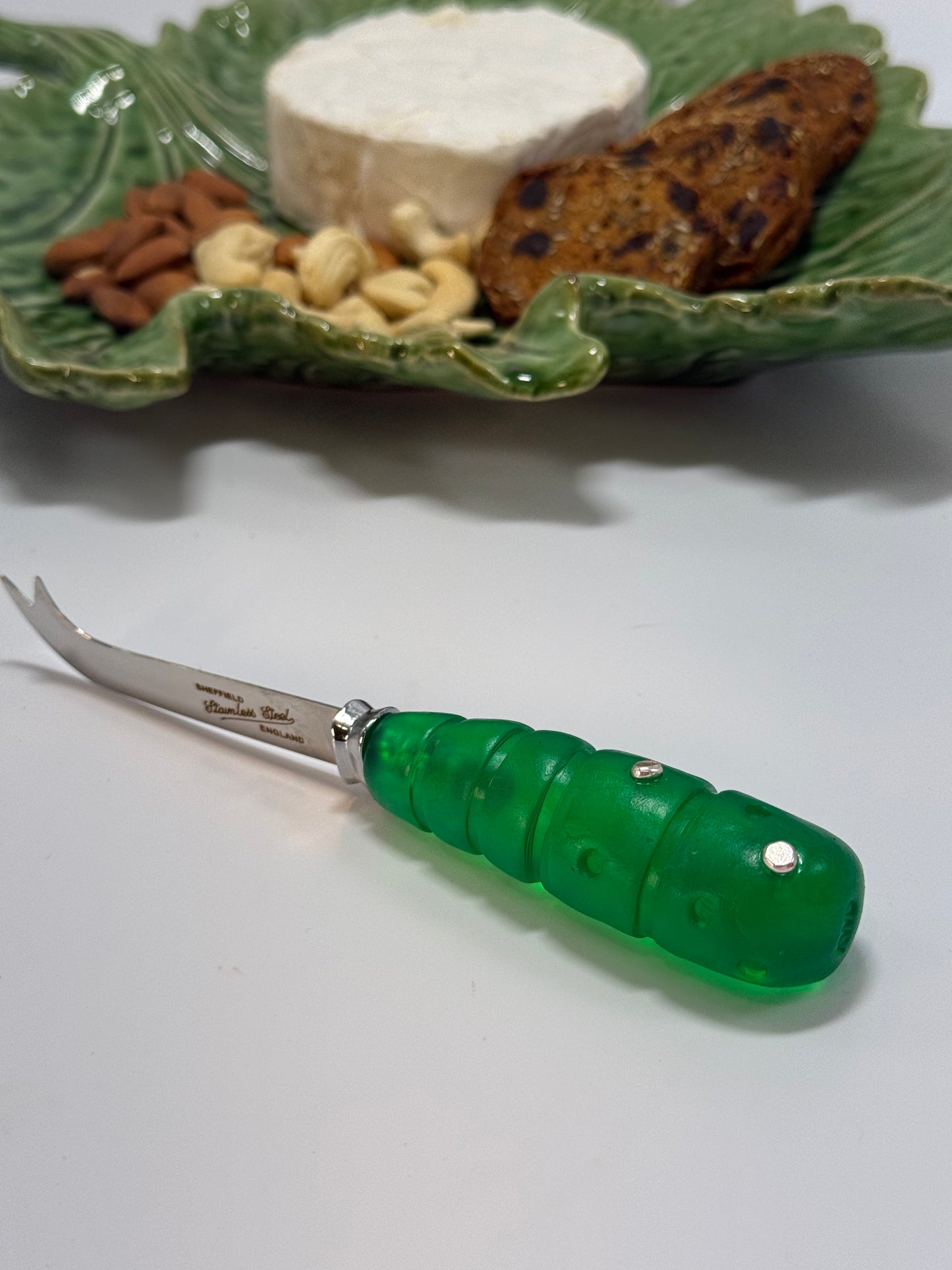 Cheese knife - Translucent Jade Green resin - stripe & spot handle with silver