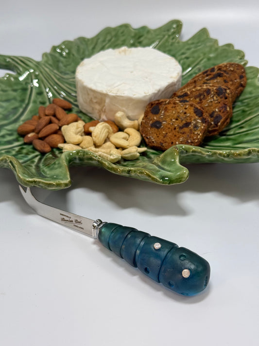 Cheese knife - Translucent Blue/Green resin - stripe & spot handle with silver