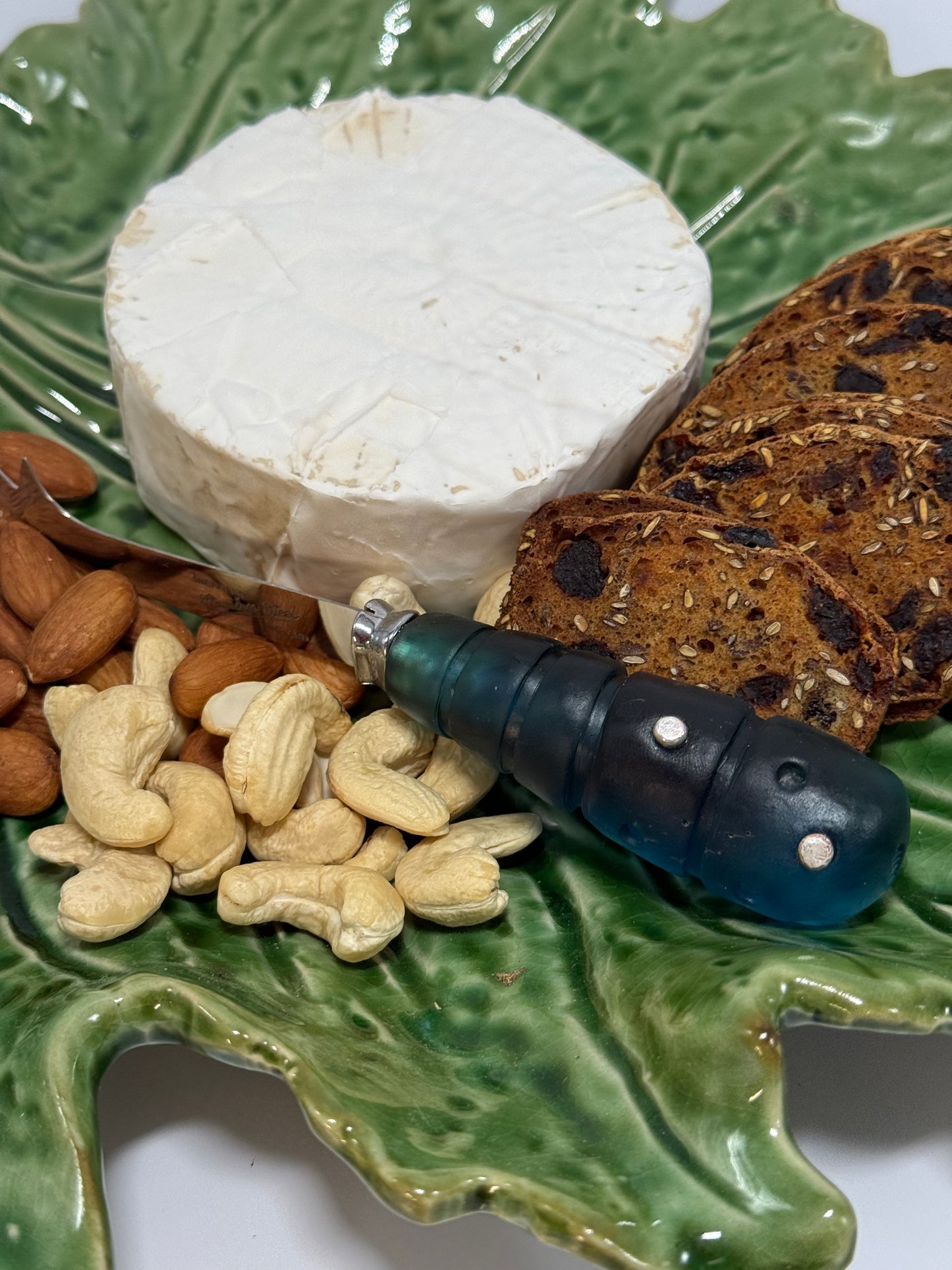 Cheese knife - Translucent Blue/Green resin - stripe & spot handle with silver
