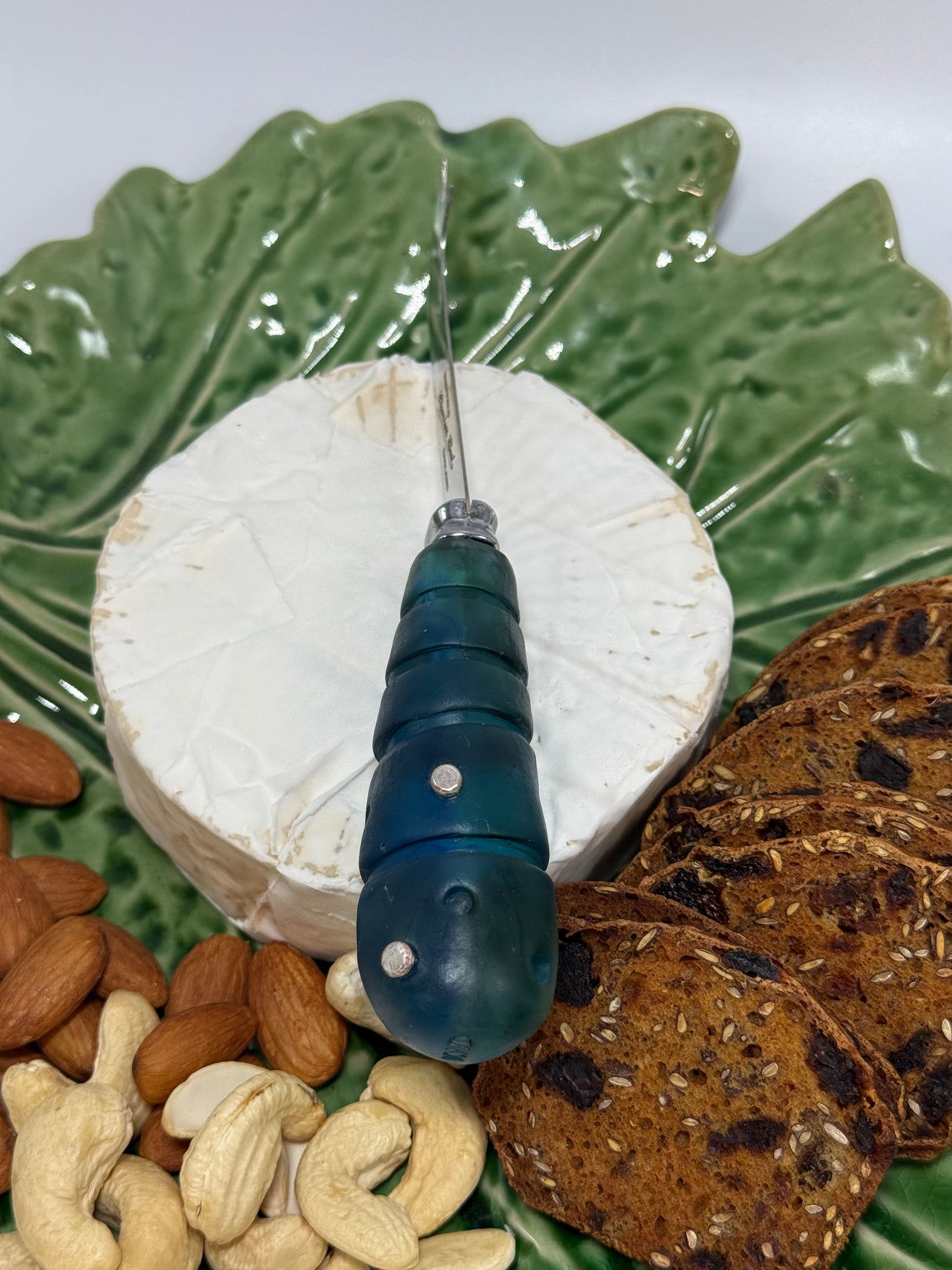 Cheese knife - Translucent Blue/Green resin - stripe & spot handle with silver
