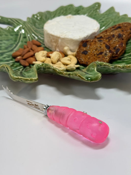 Cheese knife - Translucent Neon Pink resin - stripe & spot handle with silver