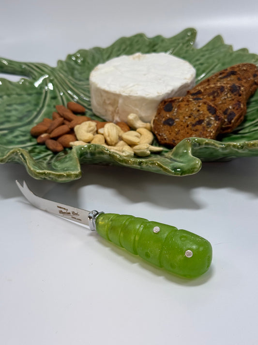 Cheese knife - Lime Green with white specs resin - stripe & spot handle with silver