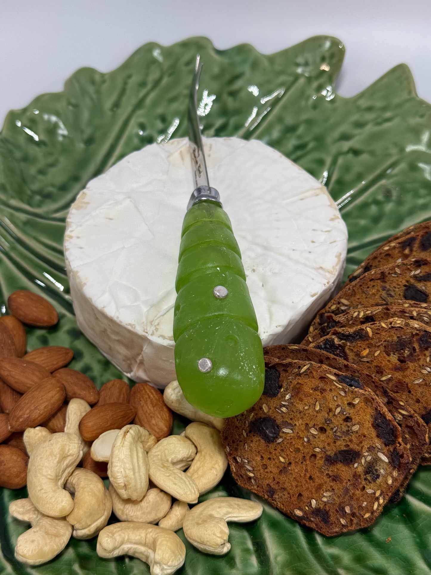 Cheese knife - Lime Green with white specs resin - stripe & spot handle with silver