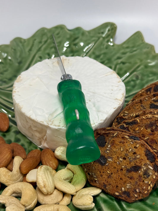 Cheese knife - Translucent Jade green with white specs resin - irregular shaped handle with silver staple insert